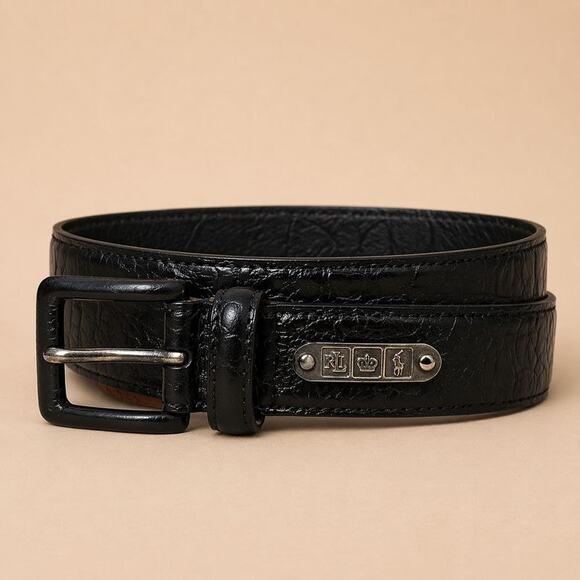 Rare Ralph Lauren Equestrian Black Italian Leather Belt Medium Croc Embossed USA main image 5